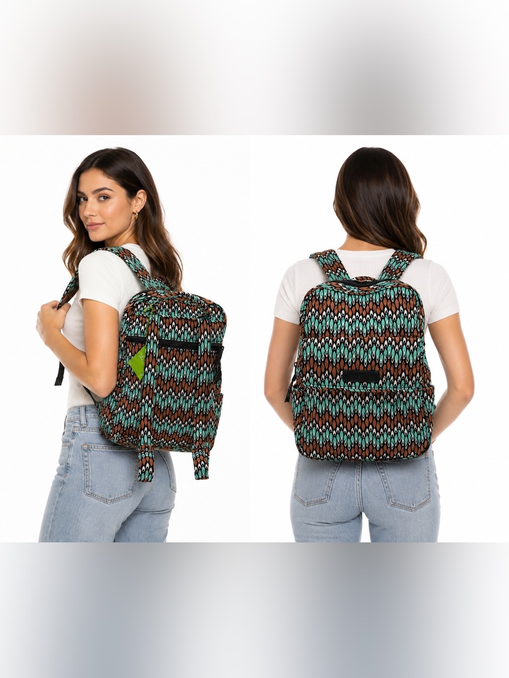 Vera Bradley Sierra Backpack Brown Mint Geometric Print  School Laptop Bag